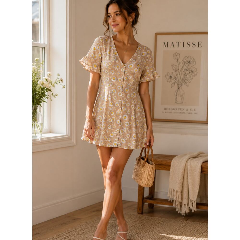 Lulus Tan Daisy Print Mini Summer Dress Mini Womens XS Casual Button Down Spring